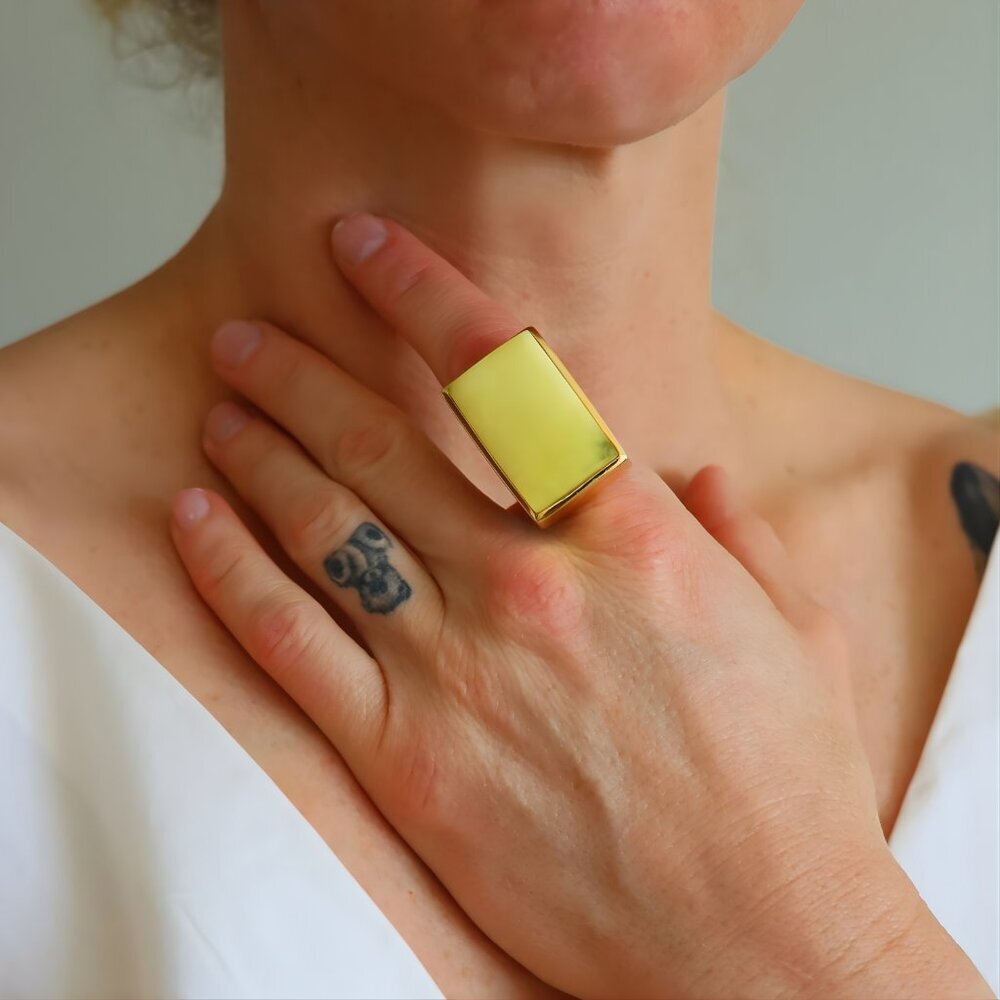 Baltic Butterscotch Lime Amber Statement Ring - 14k Gold Plated Sterling Silver